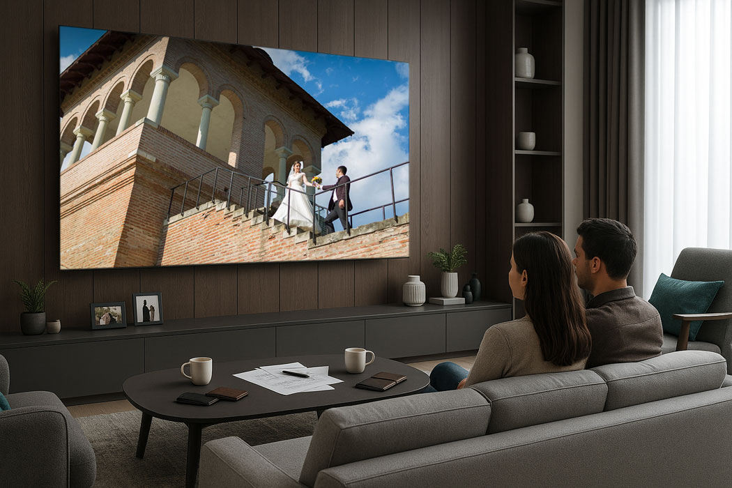 Cuplu vizionand fotografiile de la sedinta foto de nunta pe un televizor mare, pe canapea in living