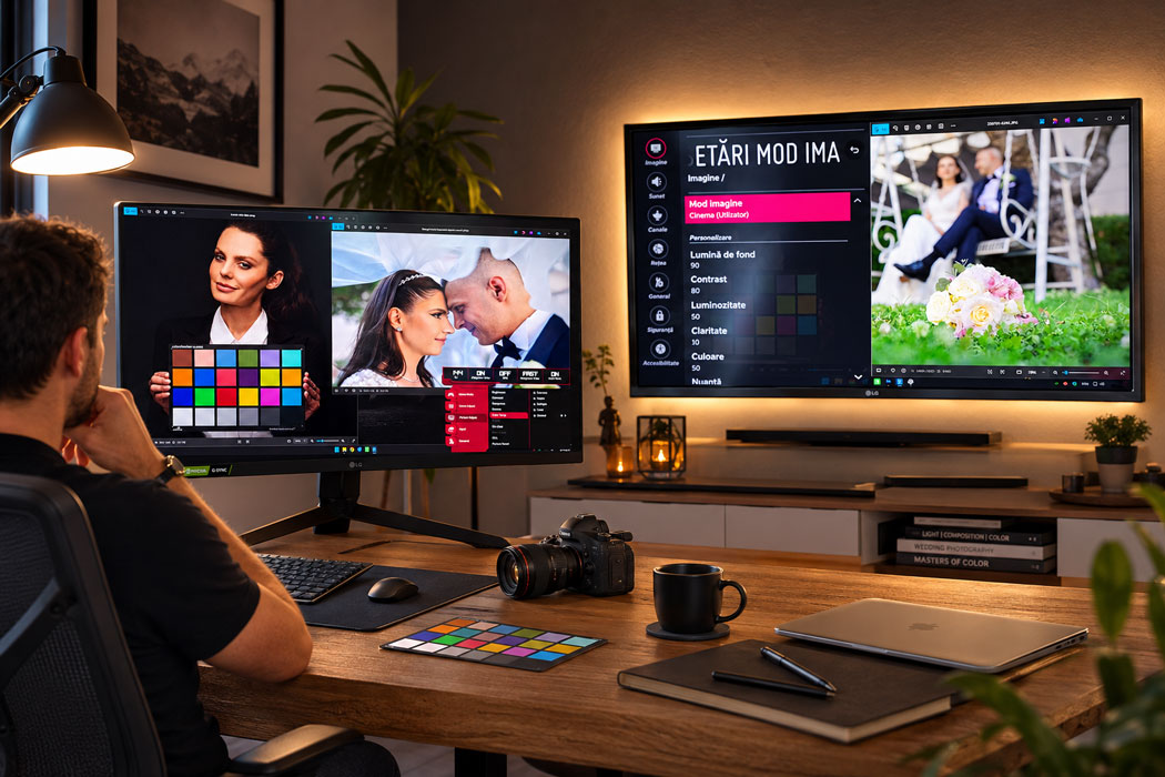 Fotograf calibrand monitorul si televizorul cu un card ColorChecker, lpe perete televizorul are setarile de imagine deschise