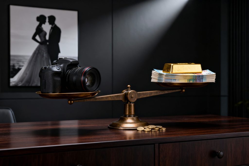 Aparat foto asezat pe un taler al unei balante, iar pe celalalt un lingou de aur peste un teanc de bancnote euro, cu o fotografie de nunta in fundal. imagine generata cu AI