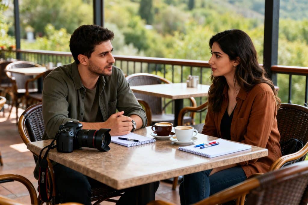 Fotograful de nunta sta la masa cu viitoarea miresa, pe masa aparatul foto profesional, doua notes-uri cu pixuri si doua cafele, imagine generata cu AI in scop ilustrativ