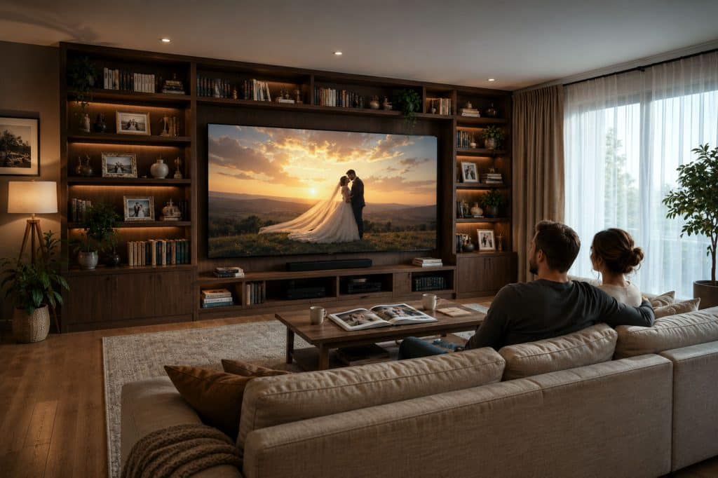 Fotografie din spate a unui cuplu care sta pe o canapea intr-un living modern si priveste pe un TV cu ecran foarte mare o fotografie de la sedinta foto de nunta cu o mireasa si un mire intr-un peisaj natural la apus, imagine generata cu AI in scop ilustrativ
