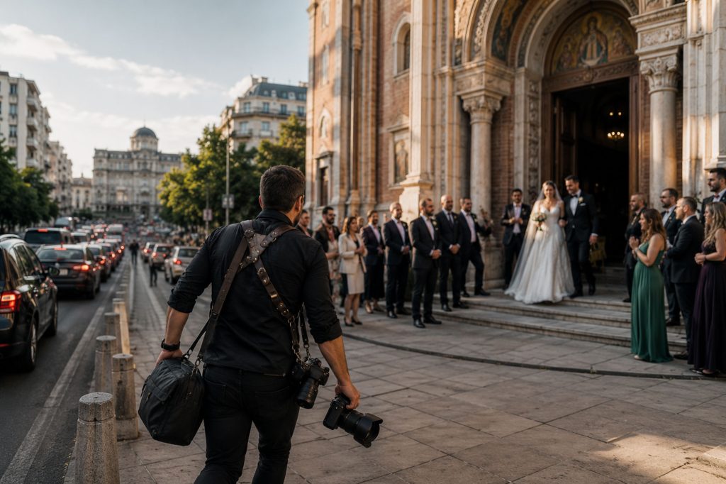 Fotograf de nunta ajungand la o ceremonie, cu mirii si invitatii in fata unei biserici si trafic intens pe o strada din Bucuresti
