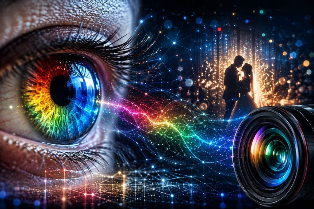 Ochi uman cu iris colorat conectat printr-o retea digitala de lumini la un cuplu de miri imbratisati si obiectivul unui aparat foto