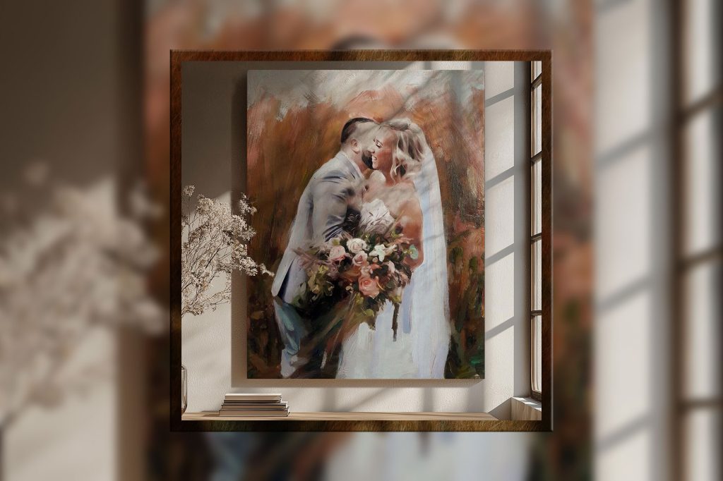 Tablou pictat in ulei dupa o fotografie de nunta, expus pe perete in living, mire si mireasa imbratisati si un buchet mare de flori intre ei